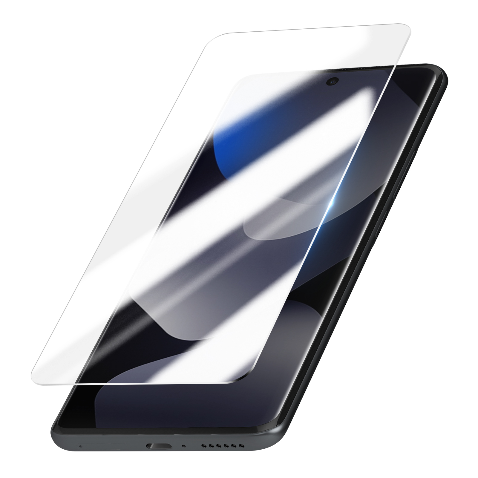 Pellicola protettiva su smartphone con schermo scuro e accenti blu.