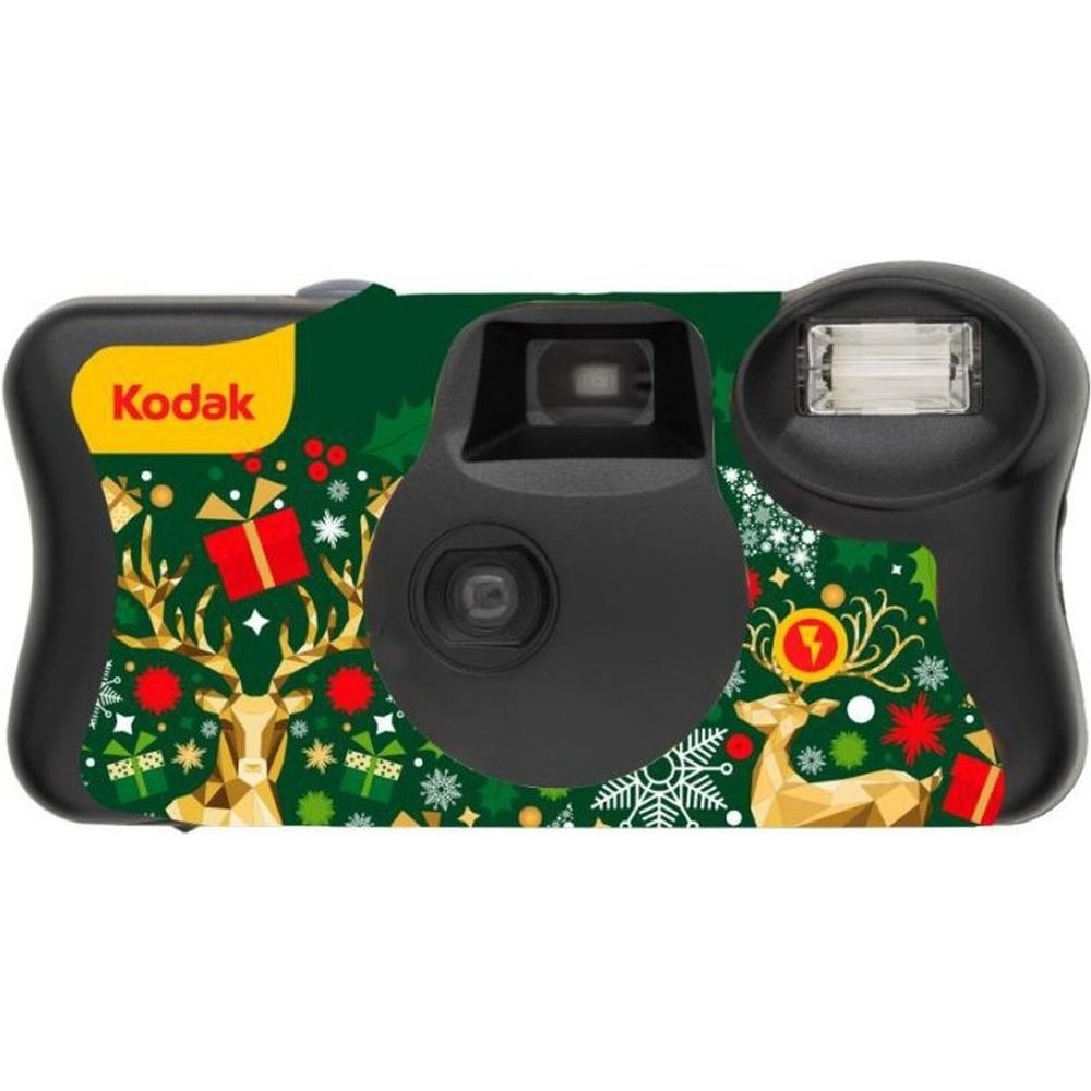 Una fotocamera Kodak nera decorata con immagini natalizie, renne e regali.
