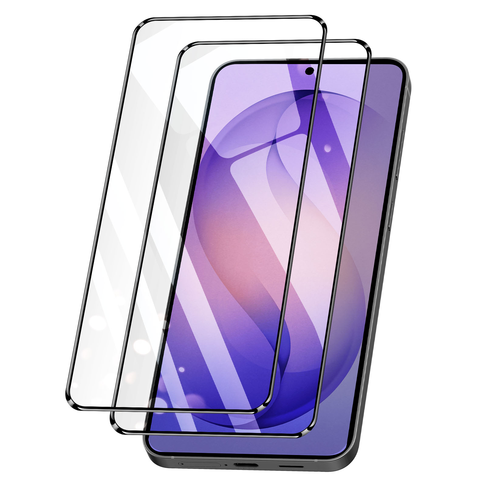 Due protezioni schermo trasparenti sovrapposte a uno smartphone con sfondo viola.