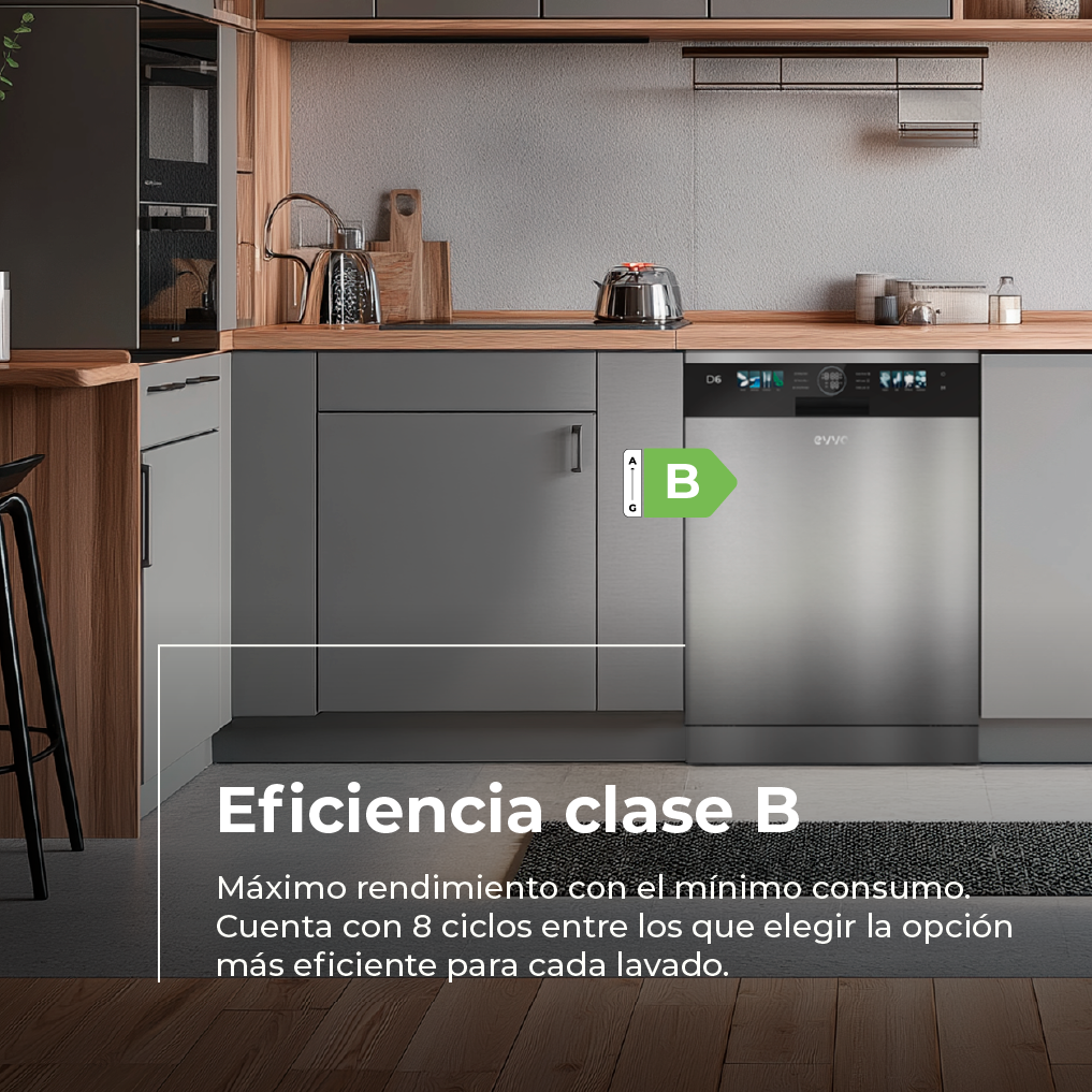 Un lavavajillas moderno con clase de eficiencia energética B en una cocina elegante.