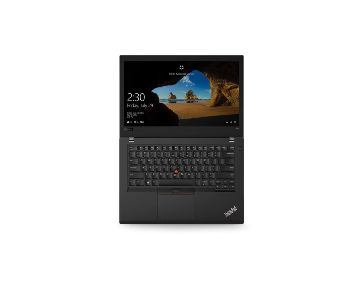 Ein offener schwarzer Laptop mit einem Bildschirmsperrbildschirm und einer Tastatur.