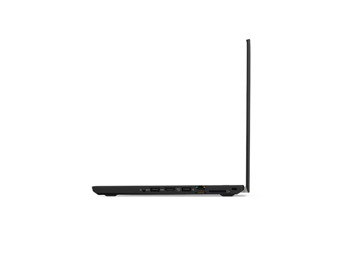 Ein schwarzer Laptop im Profil mit Anschlüssen an der Seite.