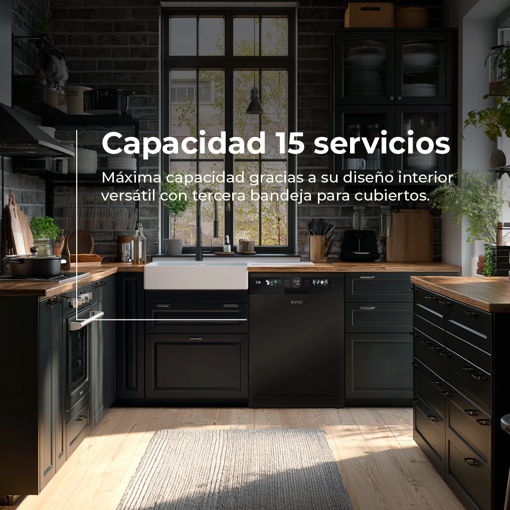 Moderna cocina negra con lavavajillas, fregadero y encimeras.