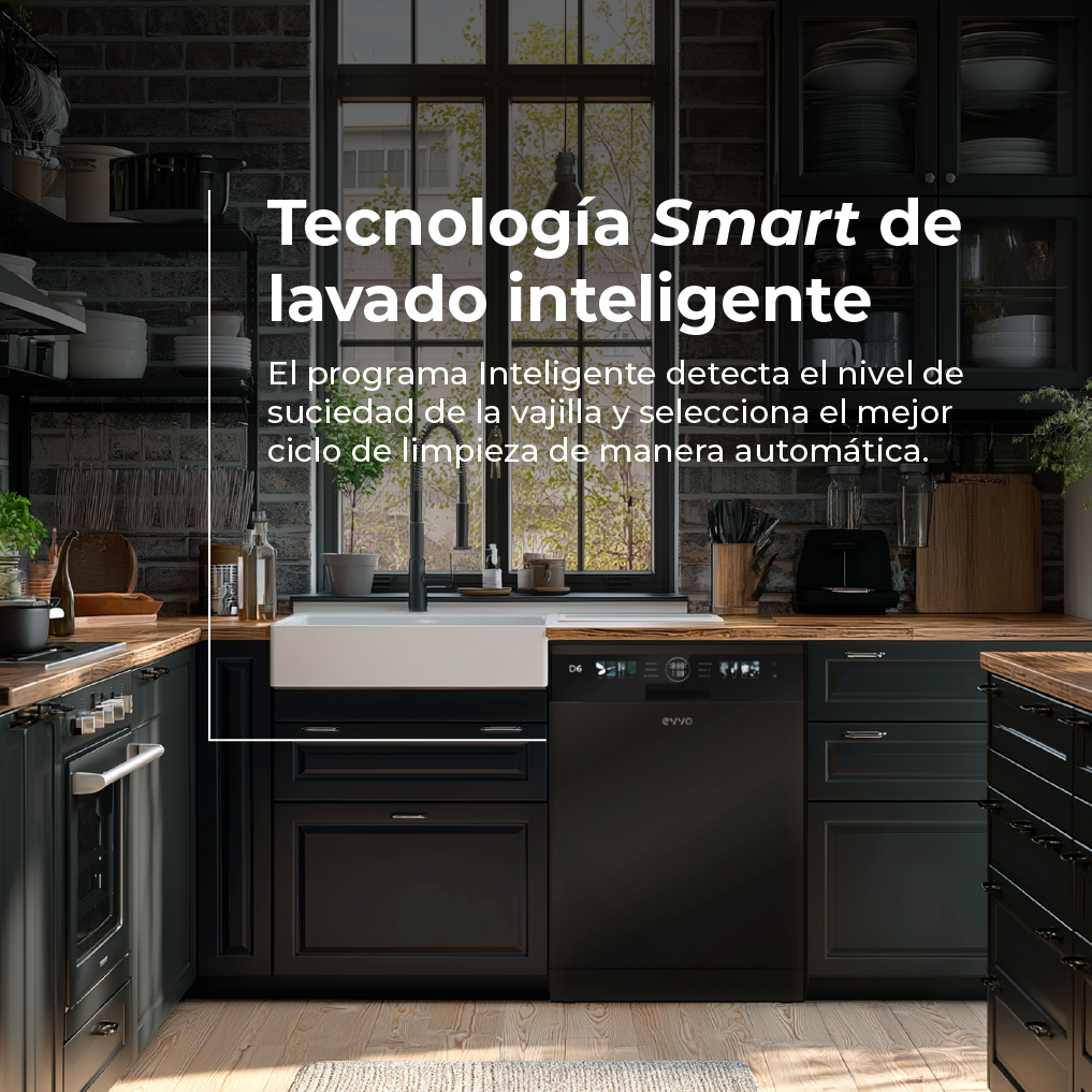 Cocina moderna con lavavajillas y fregadero negros, texto sobre tecnología de lavado inteligente.