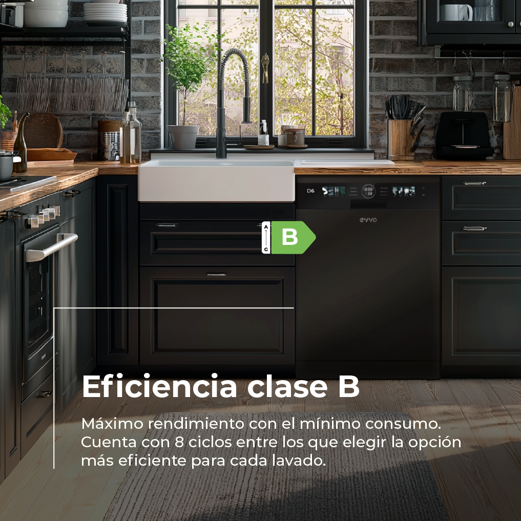 Una cocina con gabinetes negros, un fregadero blanco y un lavavajillas clase B.