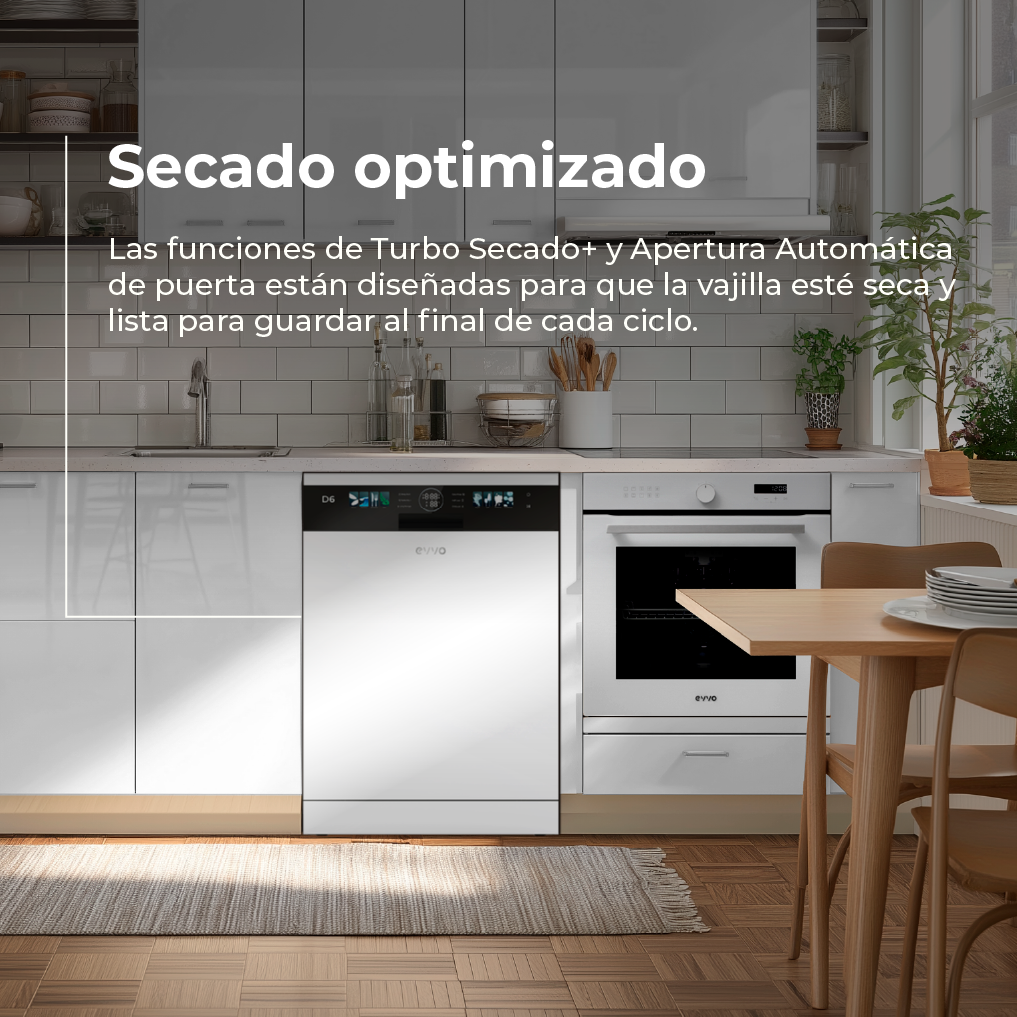 Cocina blanca moderna con lavavajillas y horno. Una mesa de madera en primer plano.