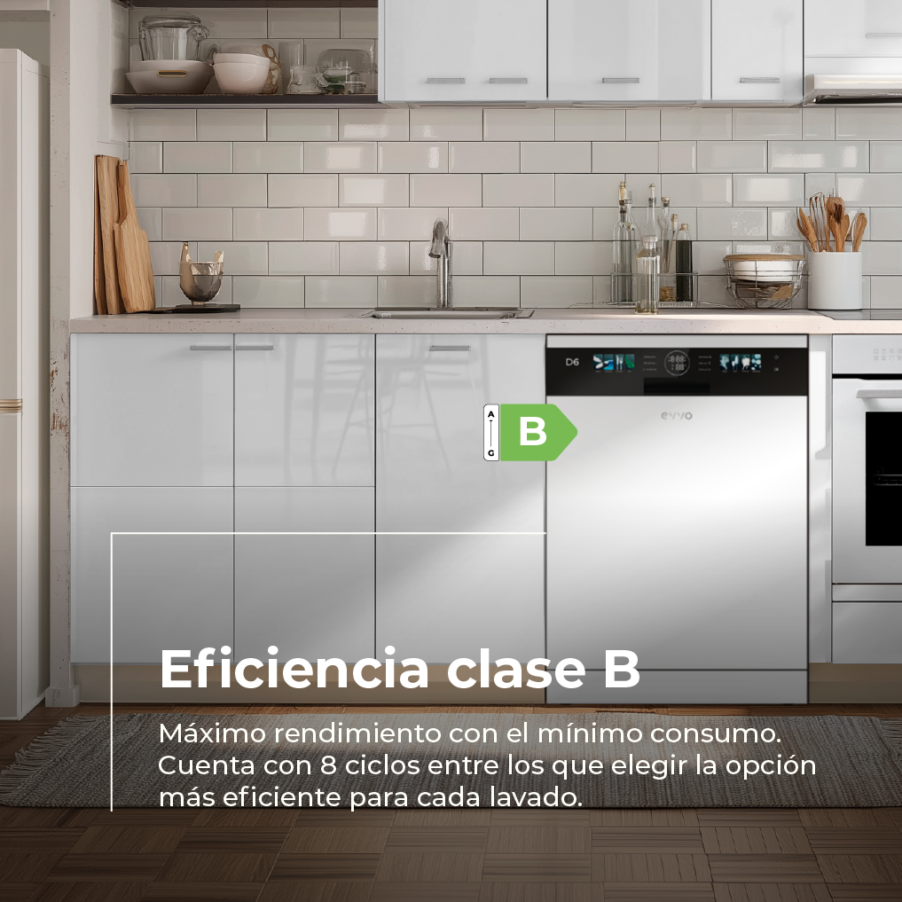 Un lavavajillas blanco de eficiencia energética B en una cocina moderna.