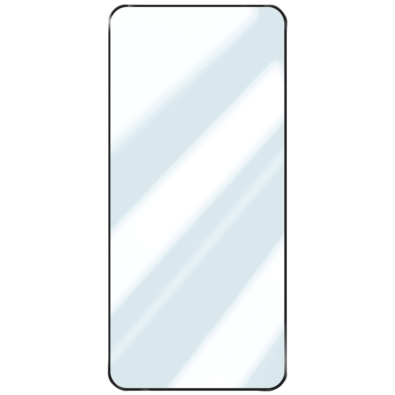 Een rechthoekige screenprotector met afgeronde hoeken, lichtblauwe reflecties.