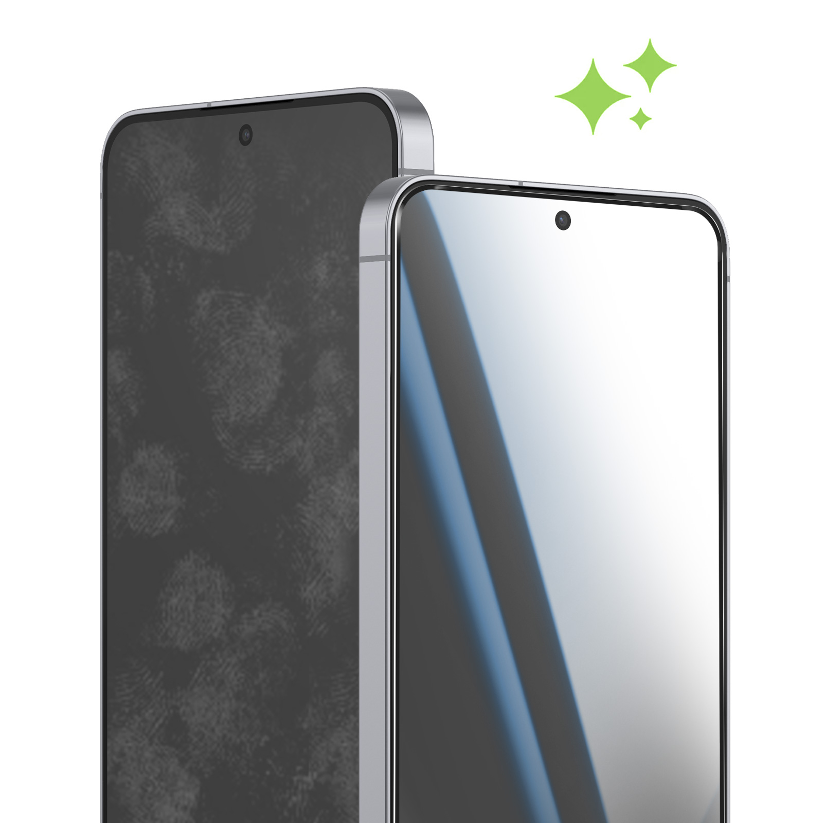 Twee smartphones naast elkaar, één met vlekken, één schoon. Groene vonkjes.