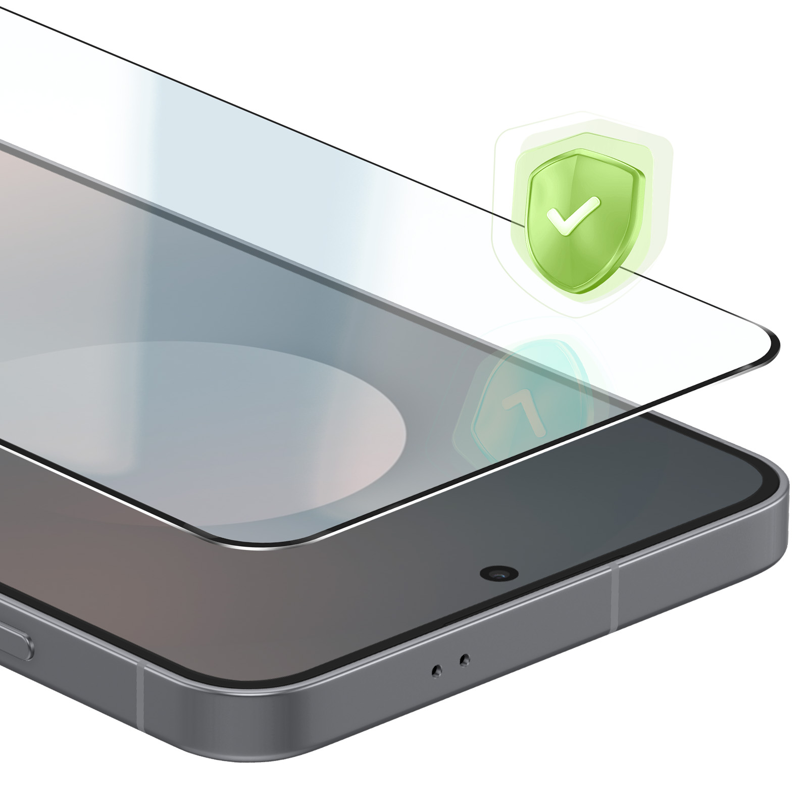 Een schermprotector wordt over een smartphone geplaatst, met een groen schild-icoon.