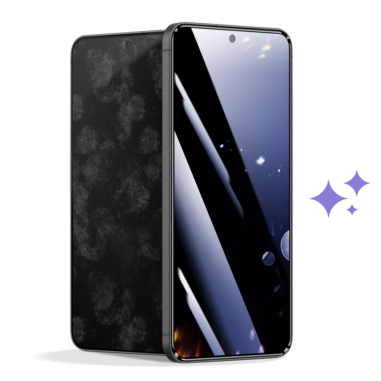 Uno schermo di smartphone sporco accanto a uno schermo pulito e lucido.