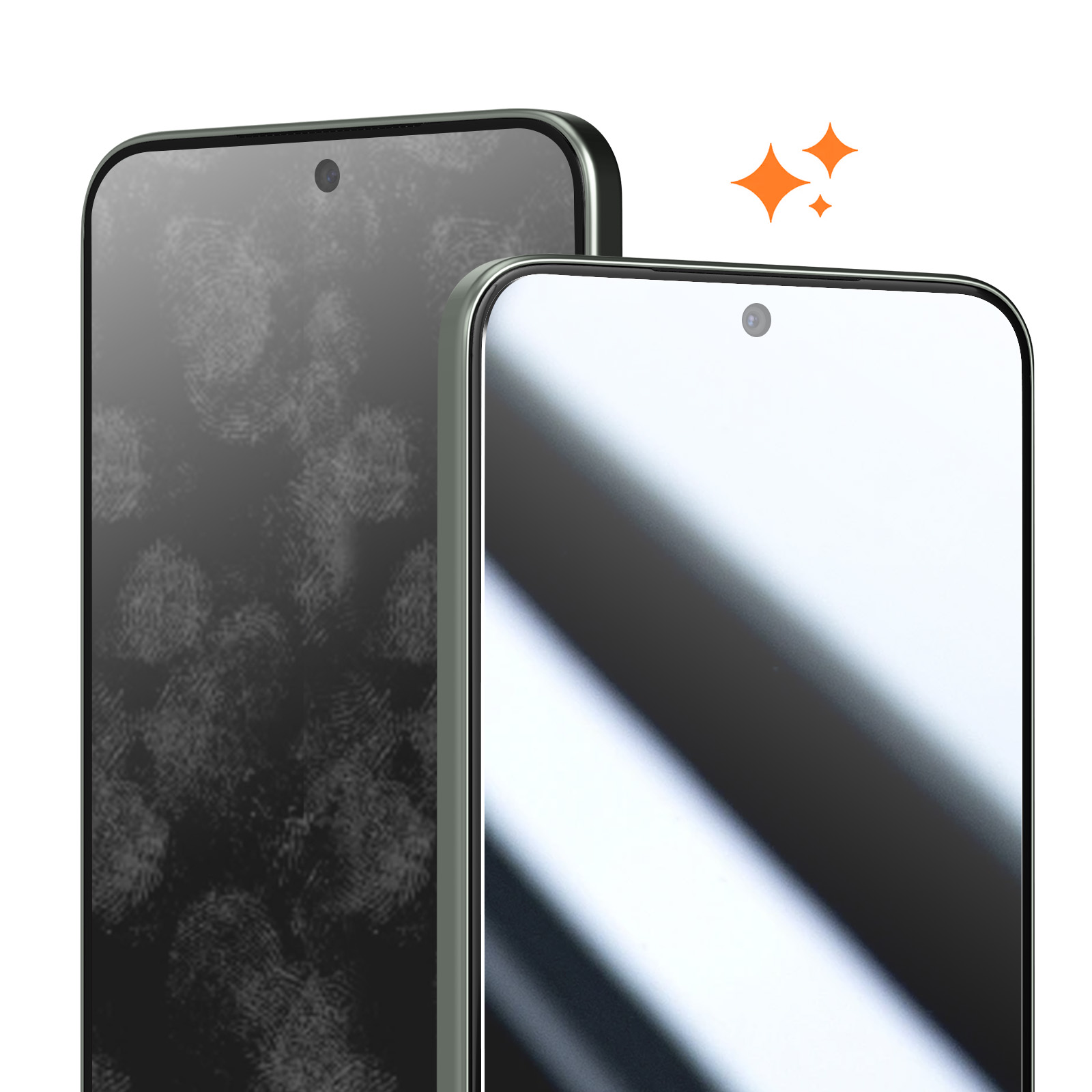 Two phones side by side, one with fingerprints, the other clean. Orange sparkles.