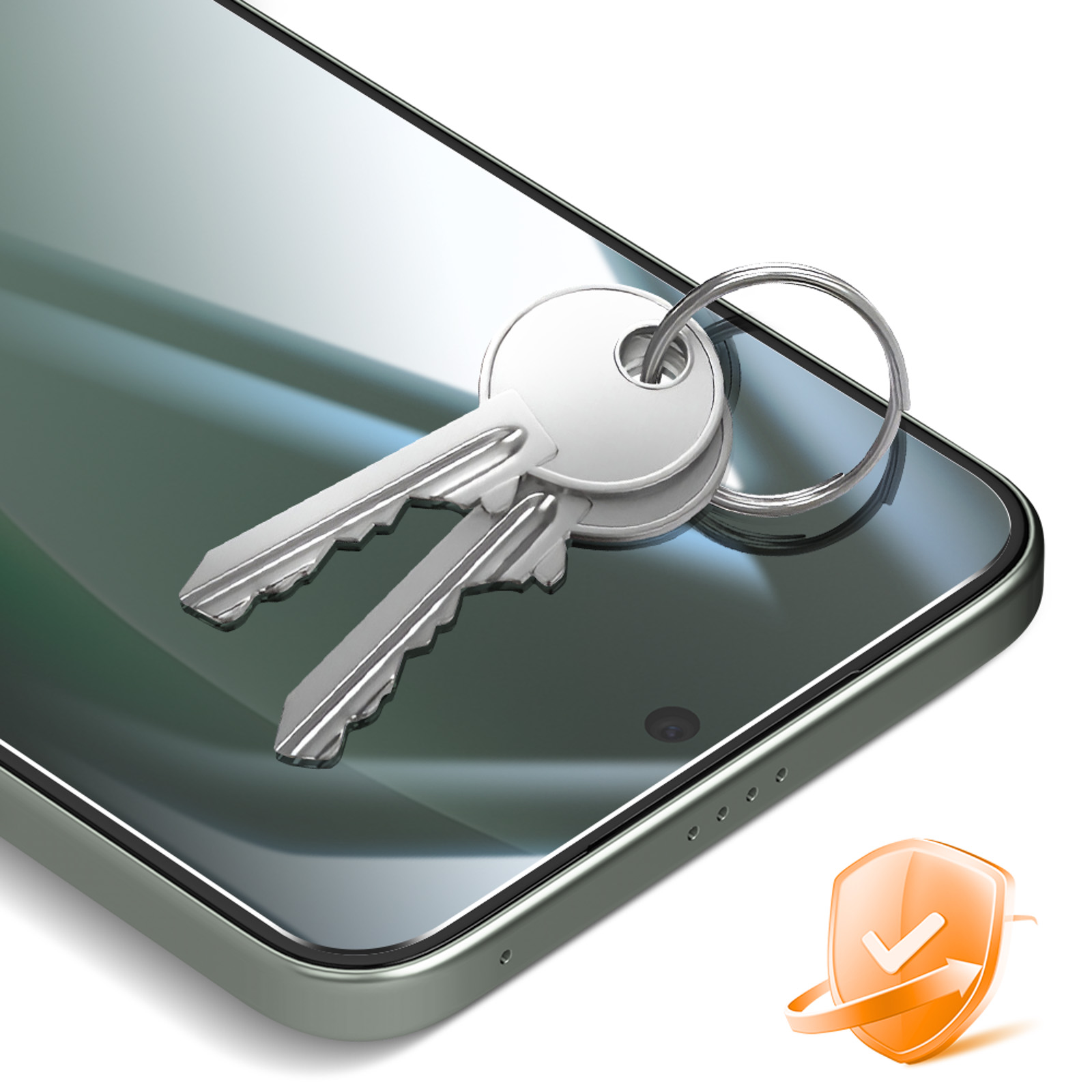 Two silver keys on a smartphone screen, with a security icon.