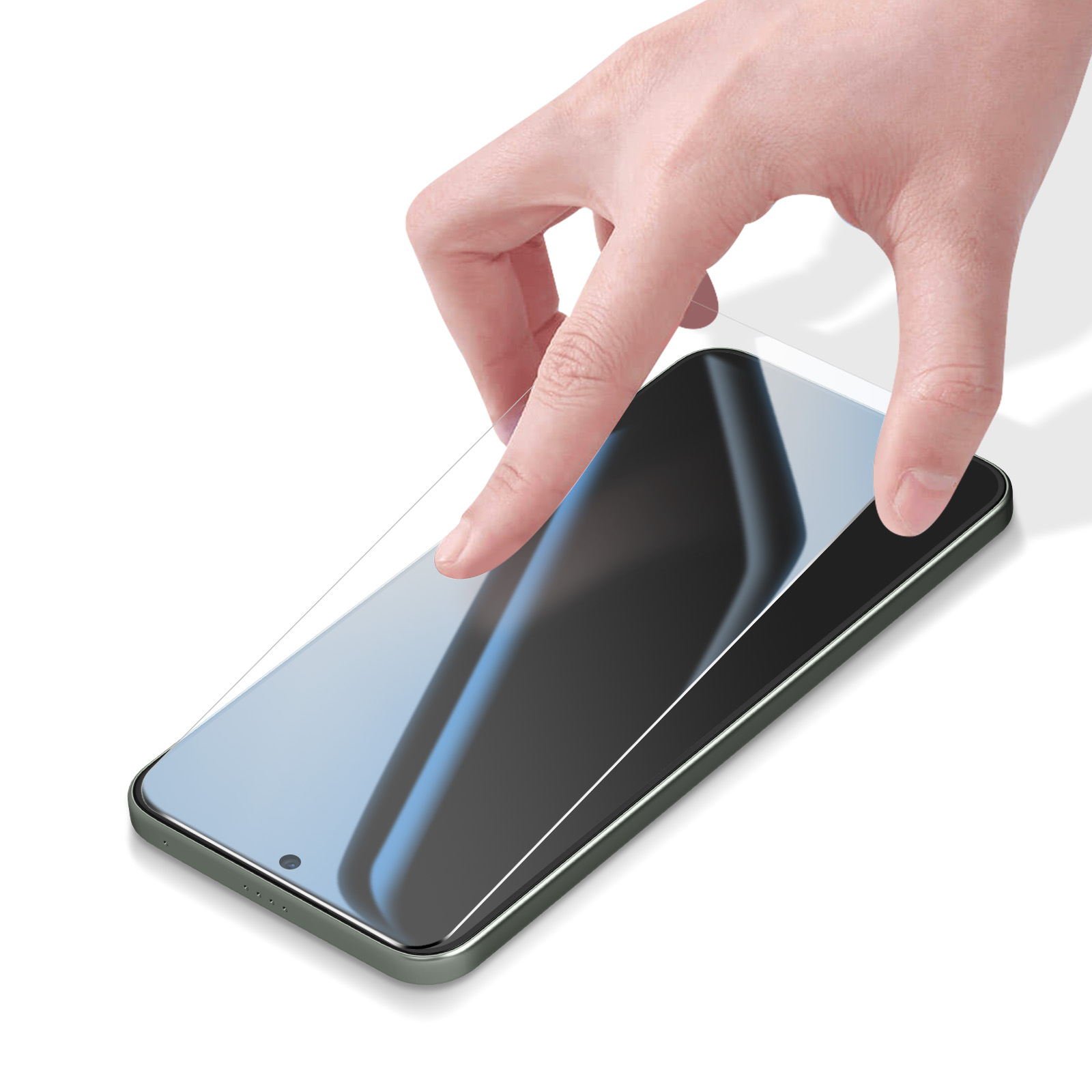 A hand places a screen protector onto a smartphone. White background.