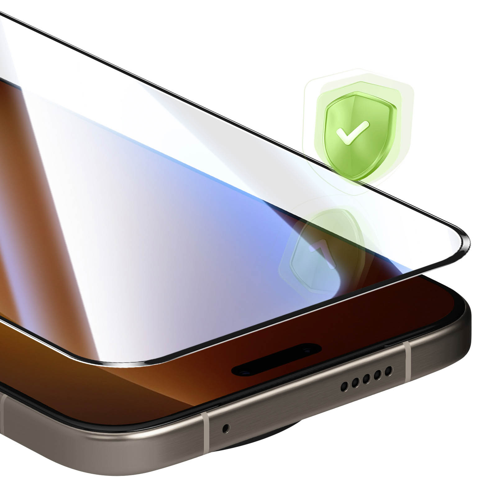 Protection d'écran avec icône de bouclier vert pour iPhone.
