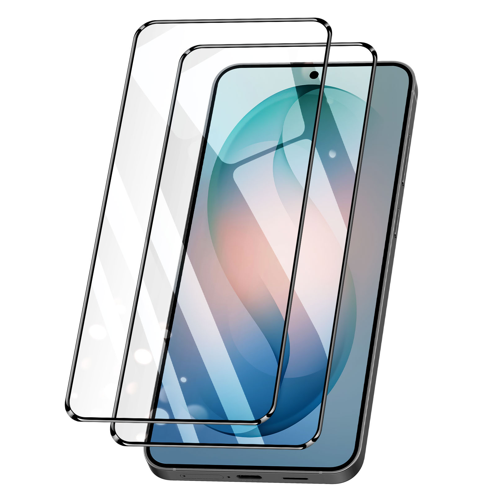 Due protezioni schermo su uno smartphone con sfondo blu e rosa.