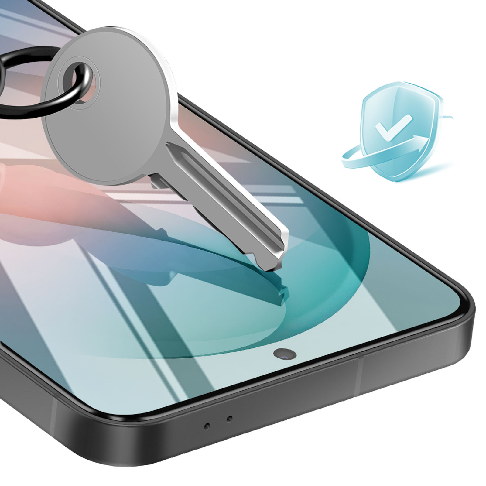 Una chiave poggia su uno smartphone, con un'icona di scudo blu nelle vicinanze.