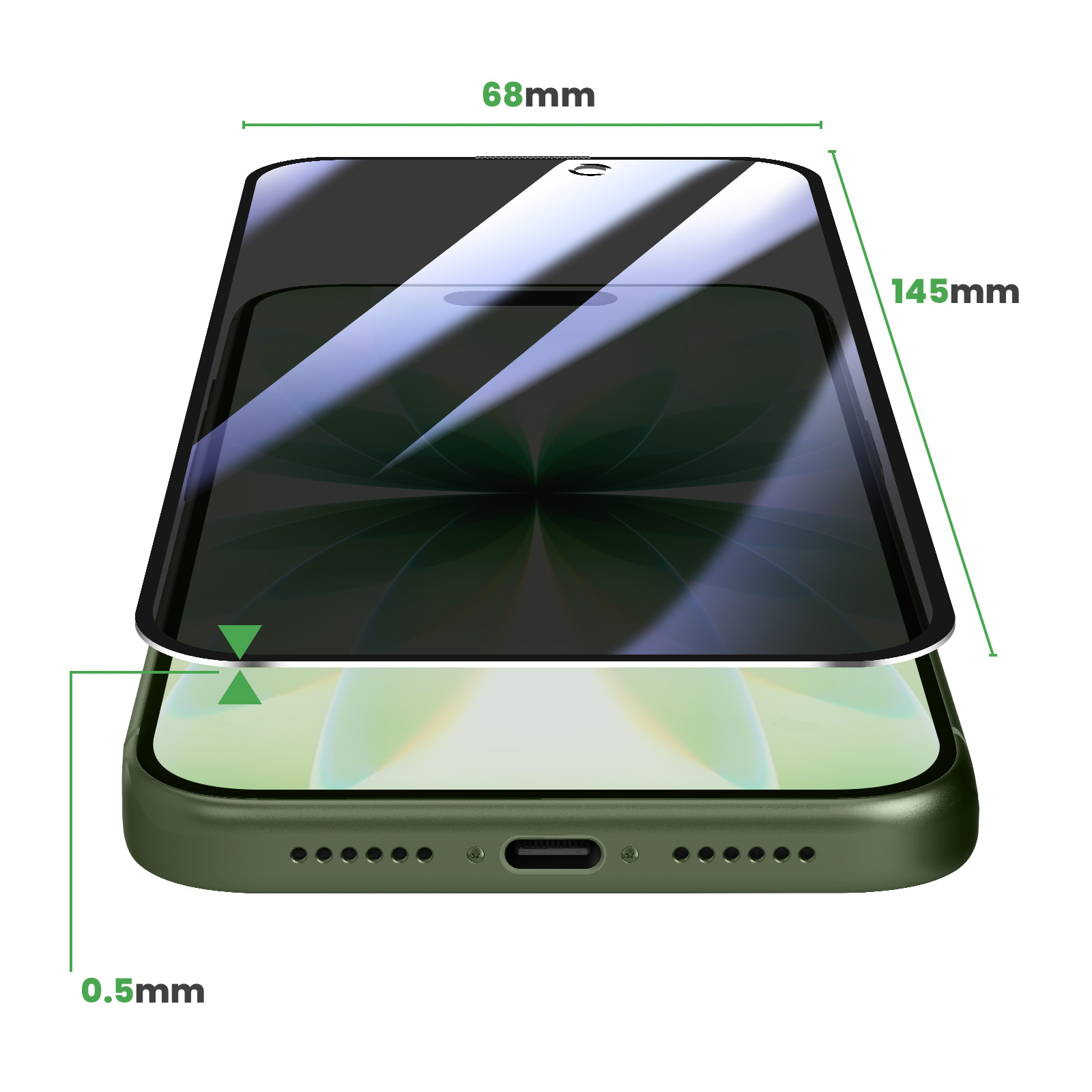 A green smartphone measuring 68mm x 145mm with a thickness of 0.5mm.