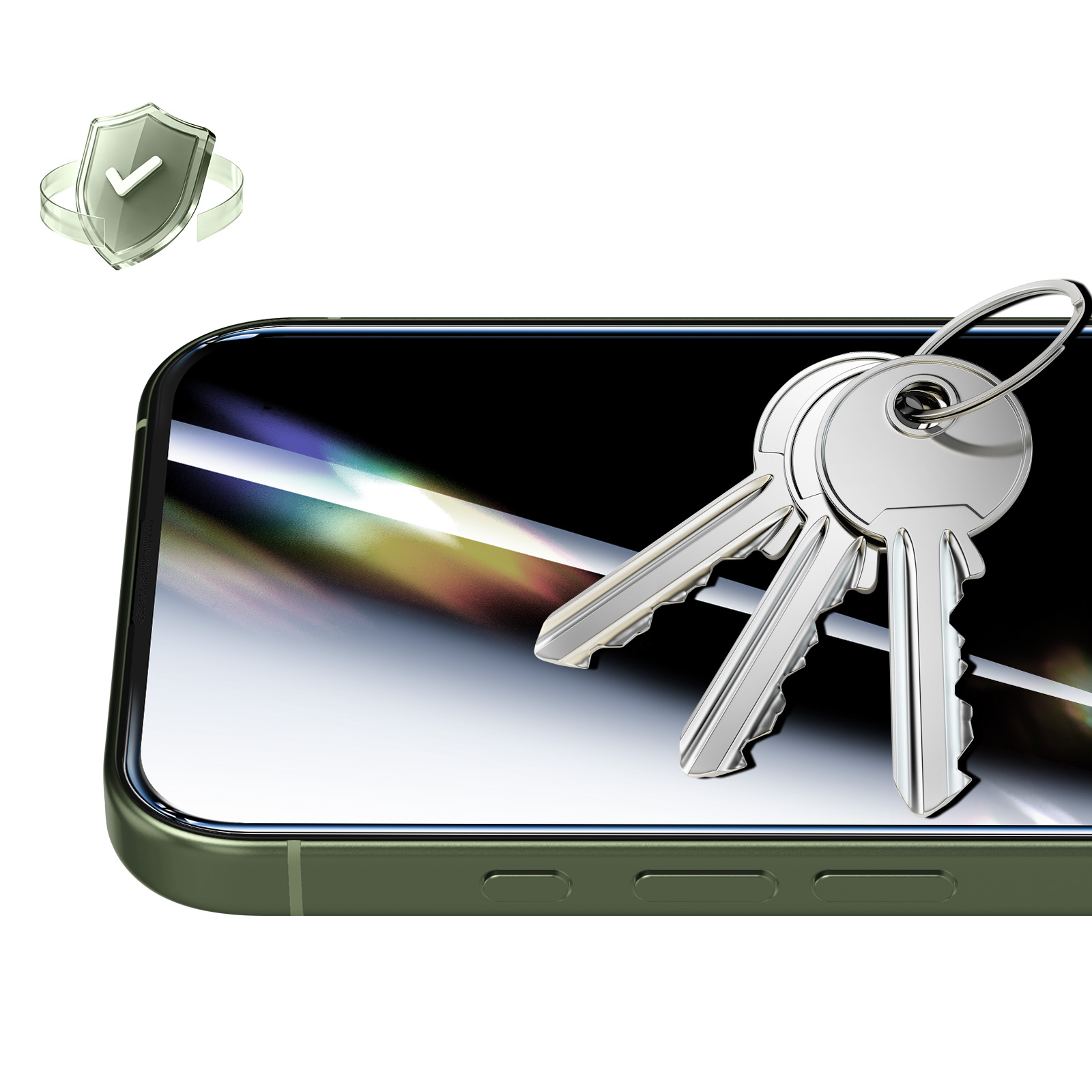 A smartphone with keys on it and a shield icon beside it.