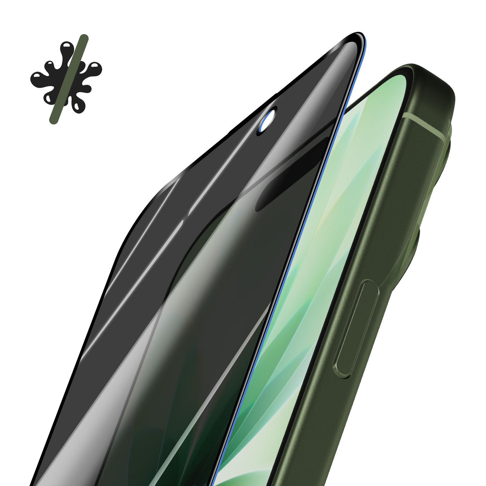A dark phone screen protector lies over a green mobile phone.