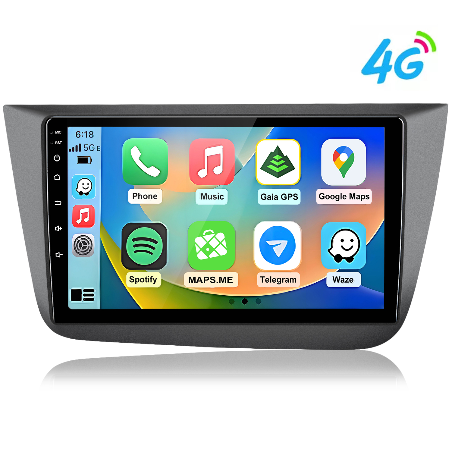 Un touchscreen dell'autoradio mostra app come Telefono, Musica e Google Maps.