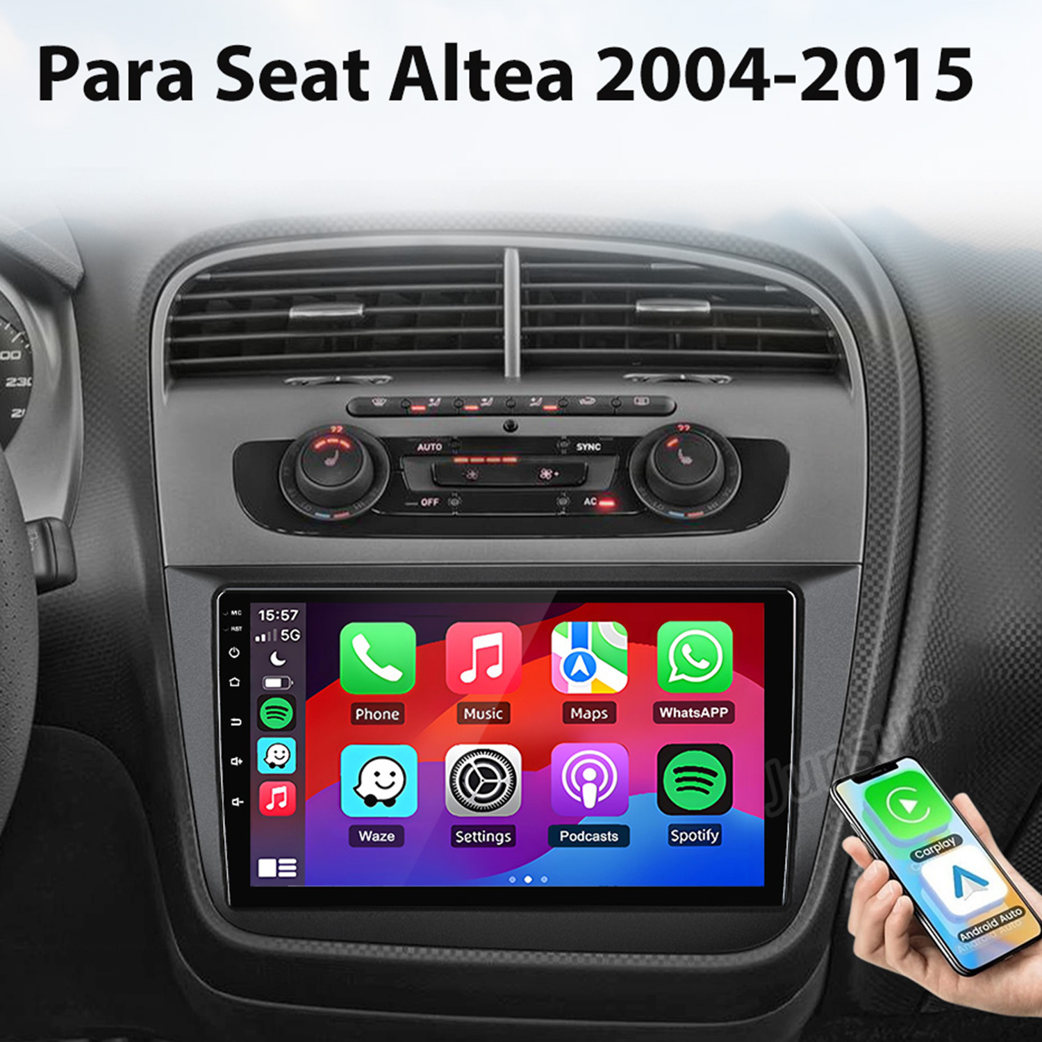 Sistema di infotainment per auto con app come Telefono, Musica, Mappe, WhatsApp, Waze.