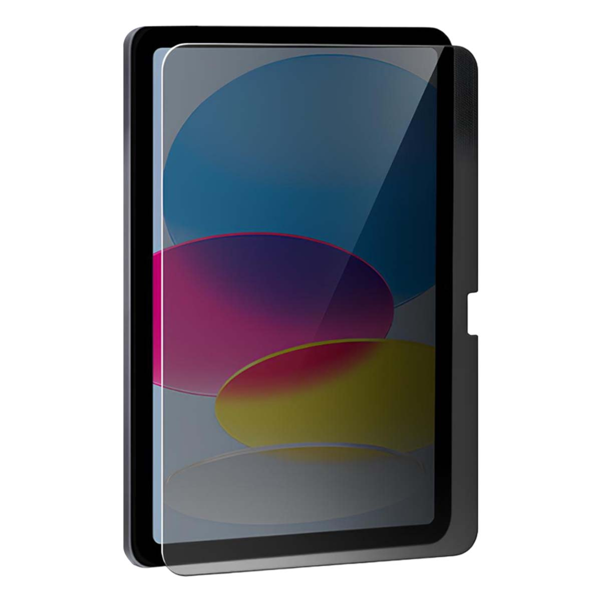 Een zwart tabletframe met een privacy screenprotector.