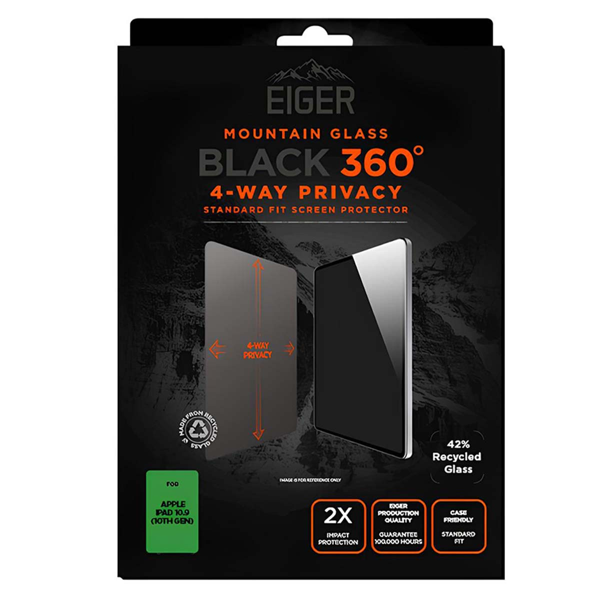 Eiger Black 360° 4-weg privacy screenprotector voor iPad 10,9 (10e Gen).