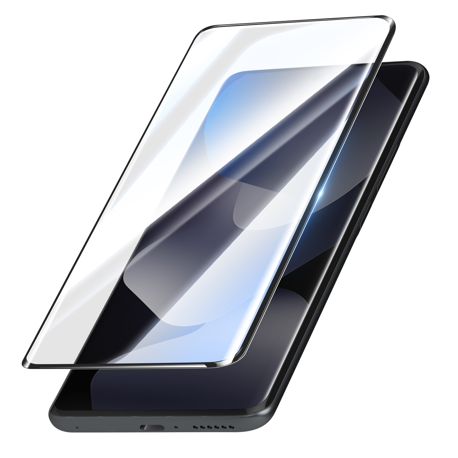 Uno smartphone nero con una protezione schermo trasparente sopra.