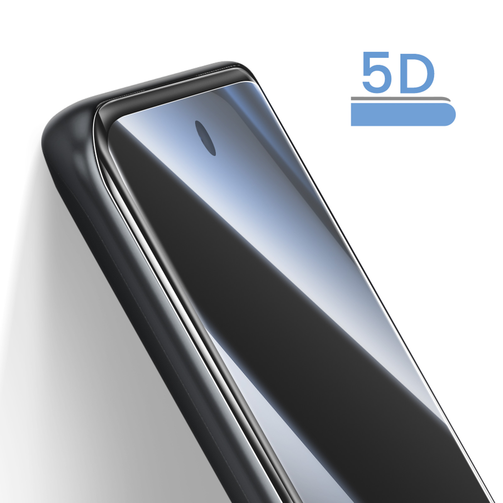 Primo piano di una custodia nera per telefono con logo 5D su sfondo bianco.