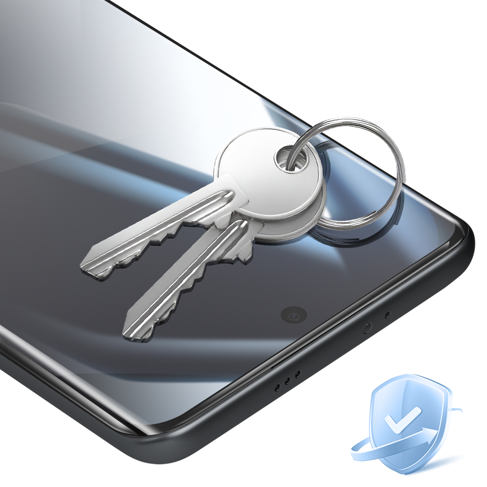 Due chiavi argentate su schermo scuro di smartphone. Icona di scudo a destra.