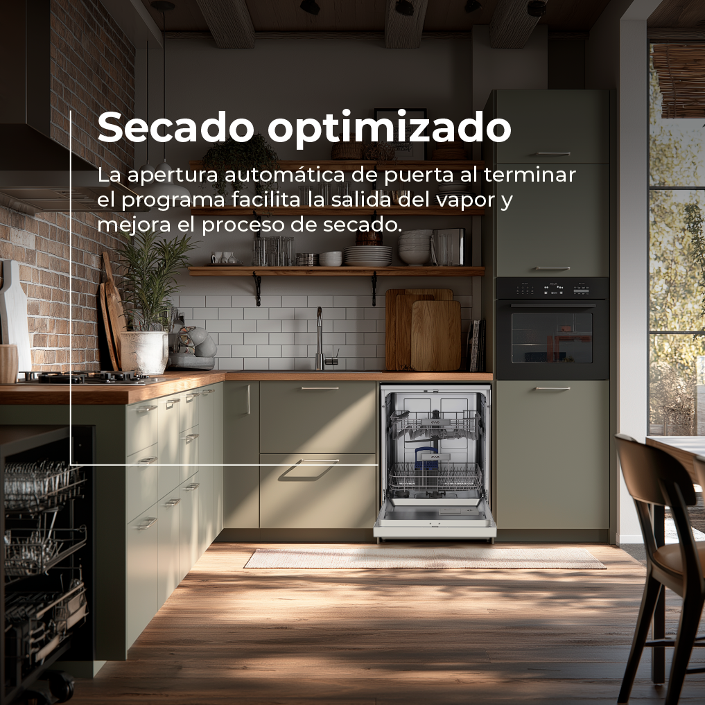 Cocina moderna con lavavajillas abierto y armarios empotrados.