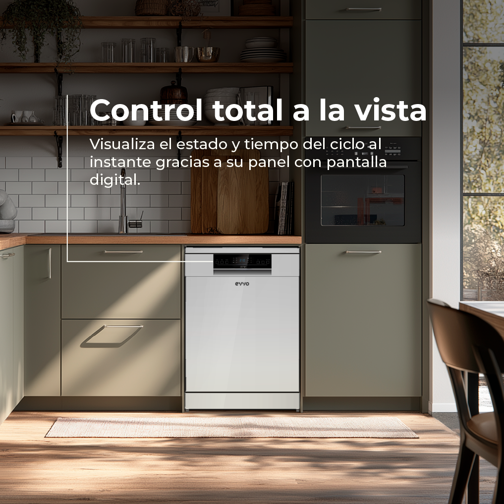 Un lavavajillas blanco en una cocina moderna con gabinetes grises y suelo de madera.