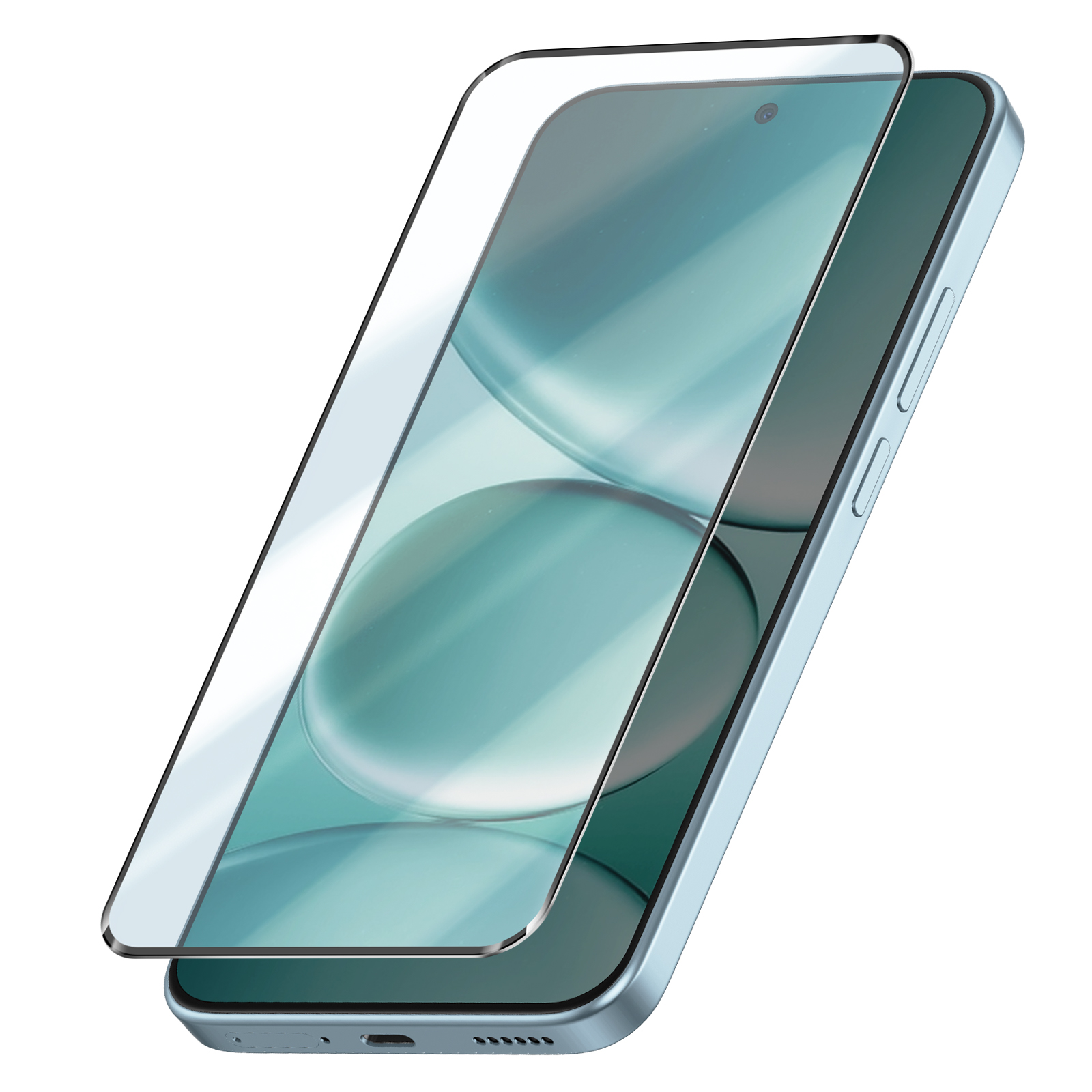 Een lichtblauwe smartphone met een licht opgetild schermprotector.