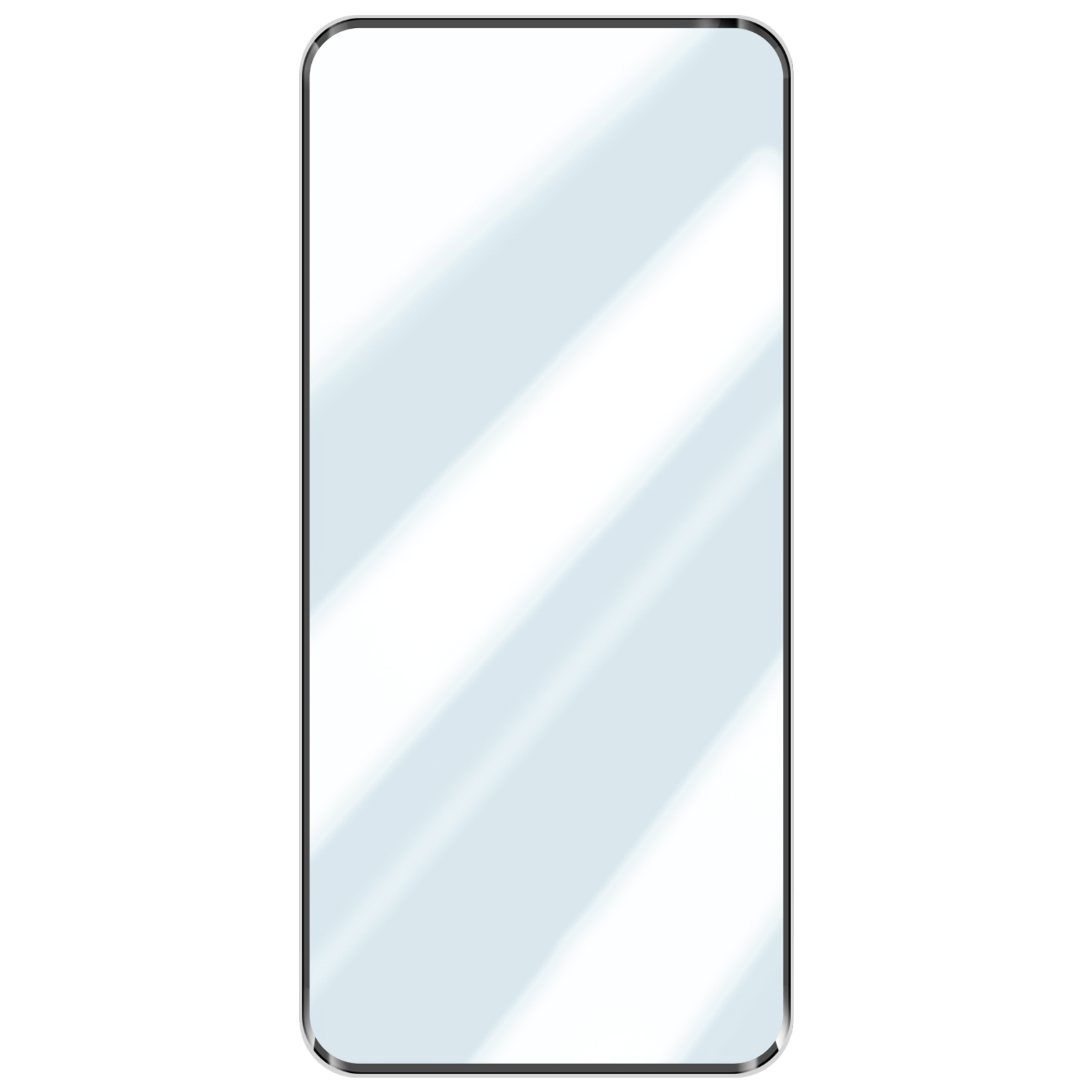Een rechthoekige glazen screenprotector met afgeronde hoeken op een witte achtergrond.