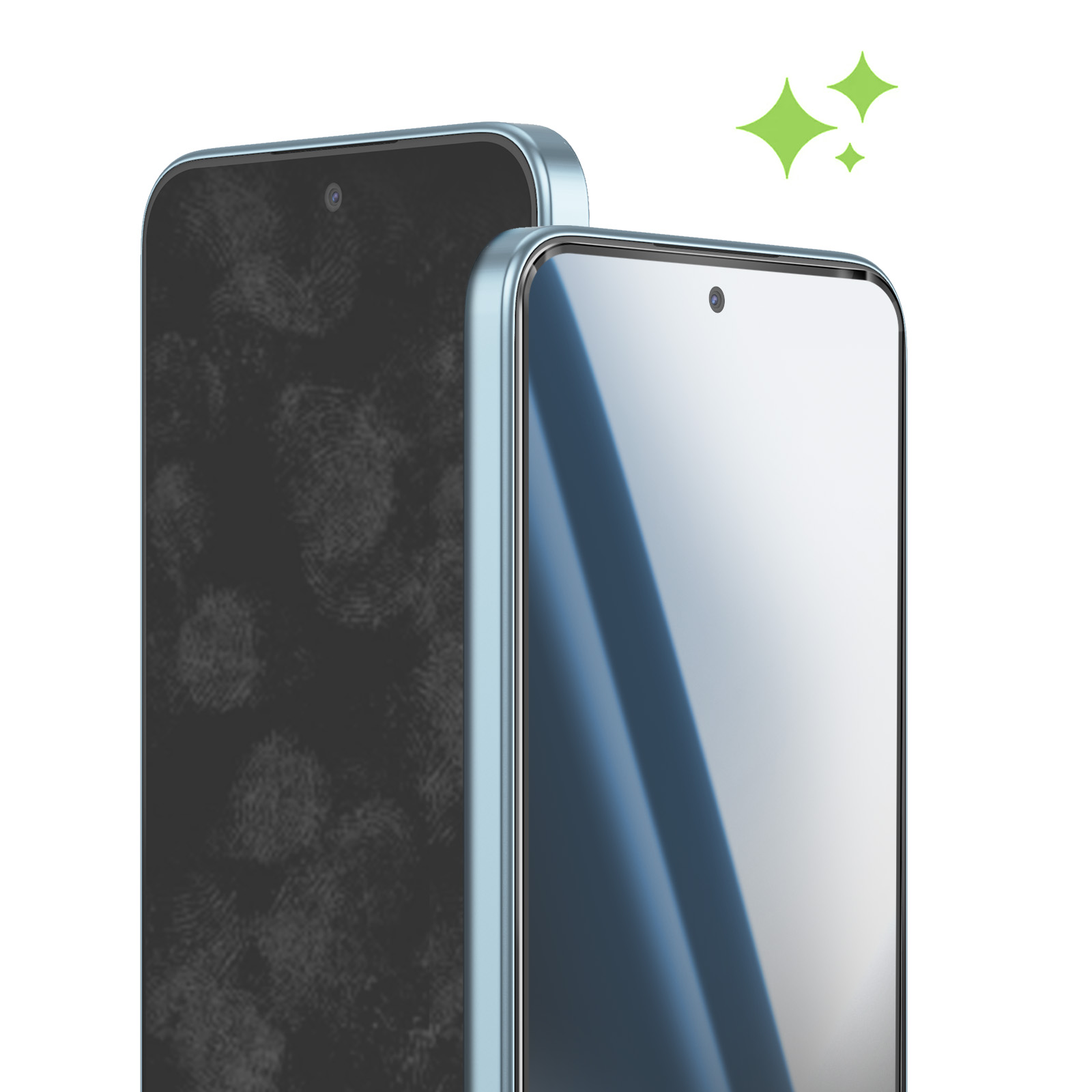 Twee telefoons naast elkaar, één vies, één schoon met glinstering.