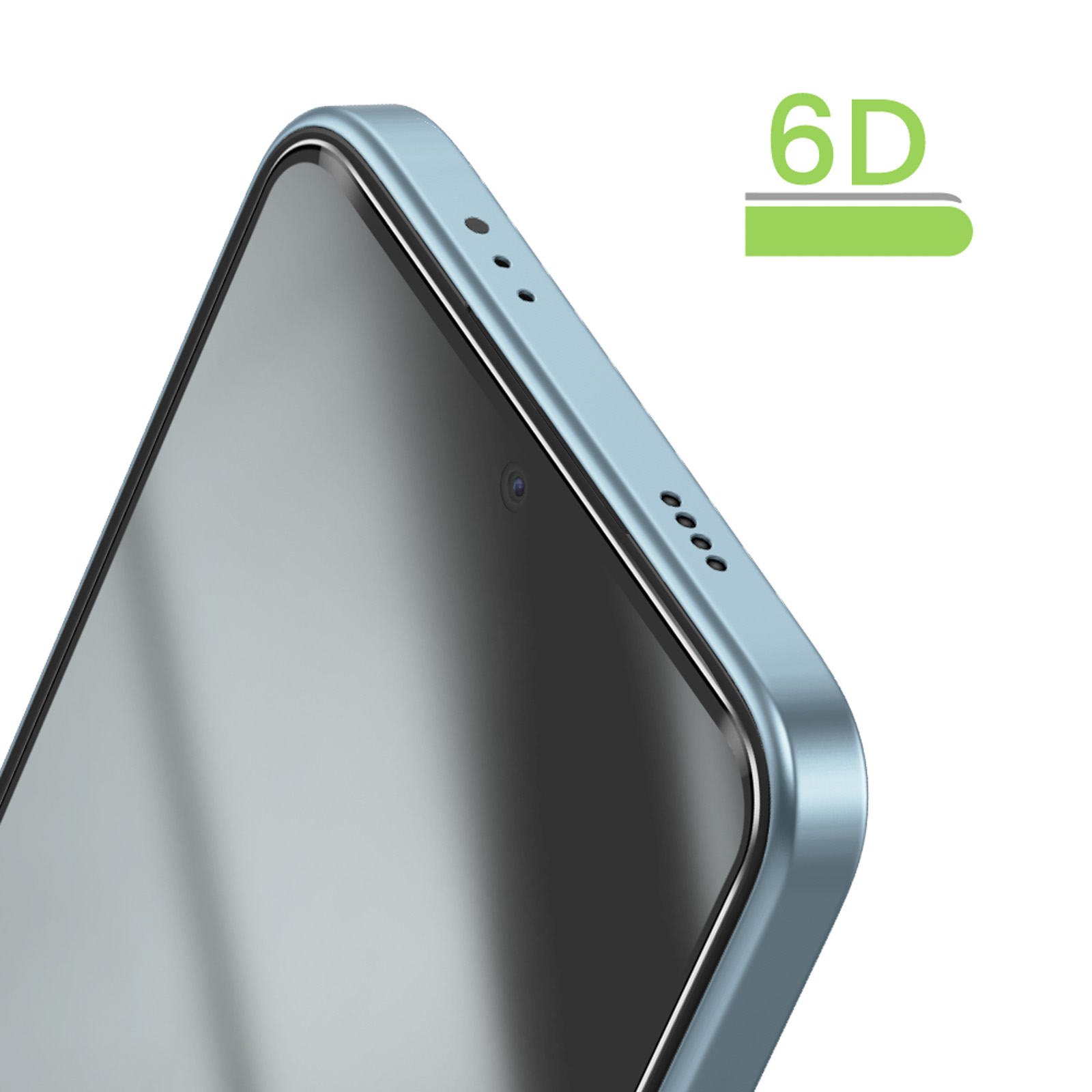 Close-up van een blauwe smartphone, met de camerasensor en luidsprekergaten.