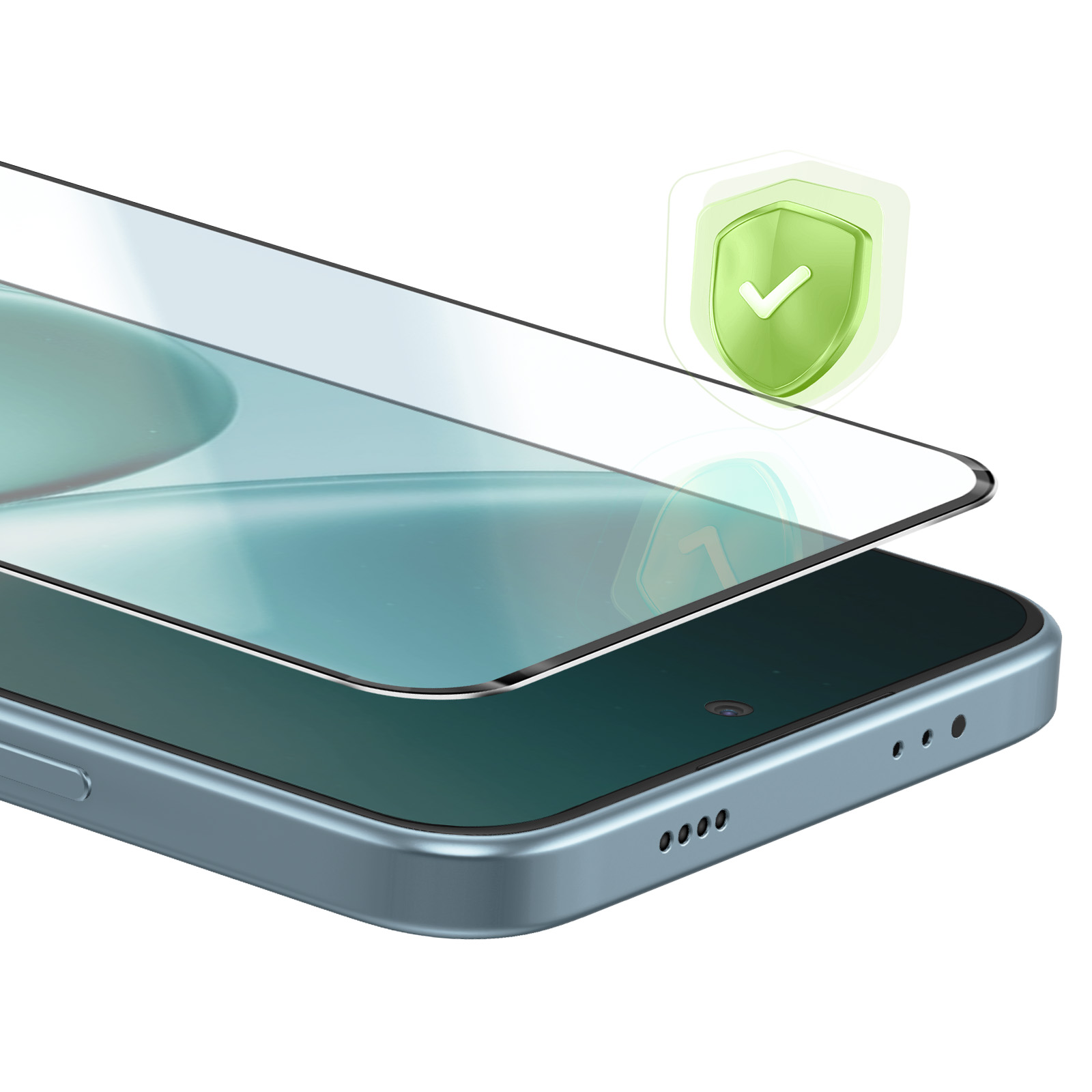 Blauw smartphone scherm met screenprotector en groen schild-icoon.