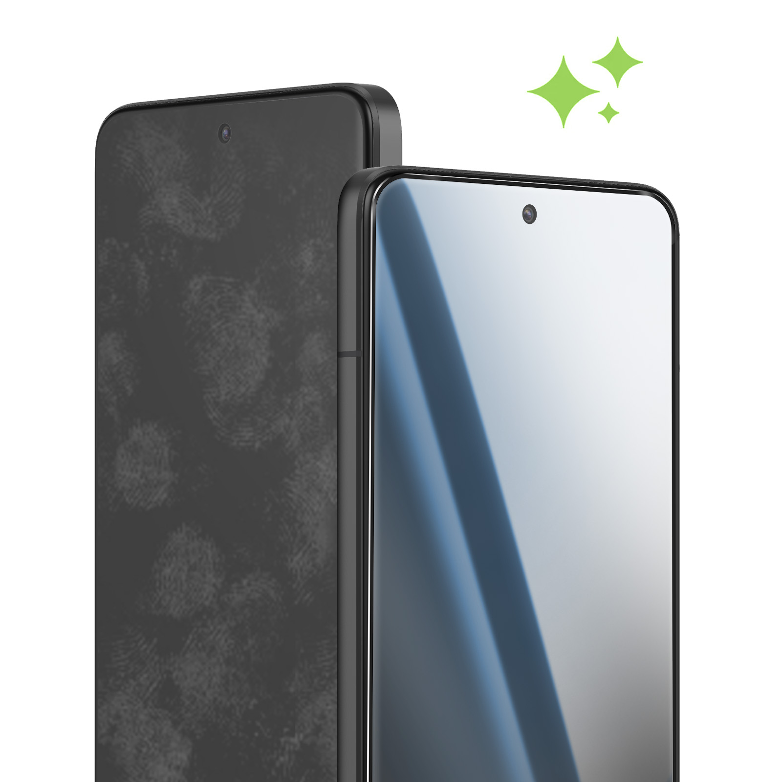 Un telefono sporco a sinistra e uno pulito a destra con scintillii verdi.