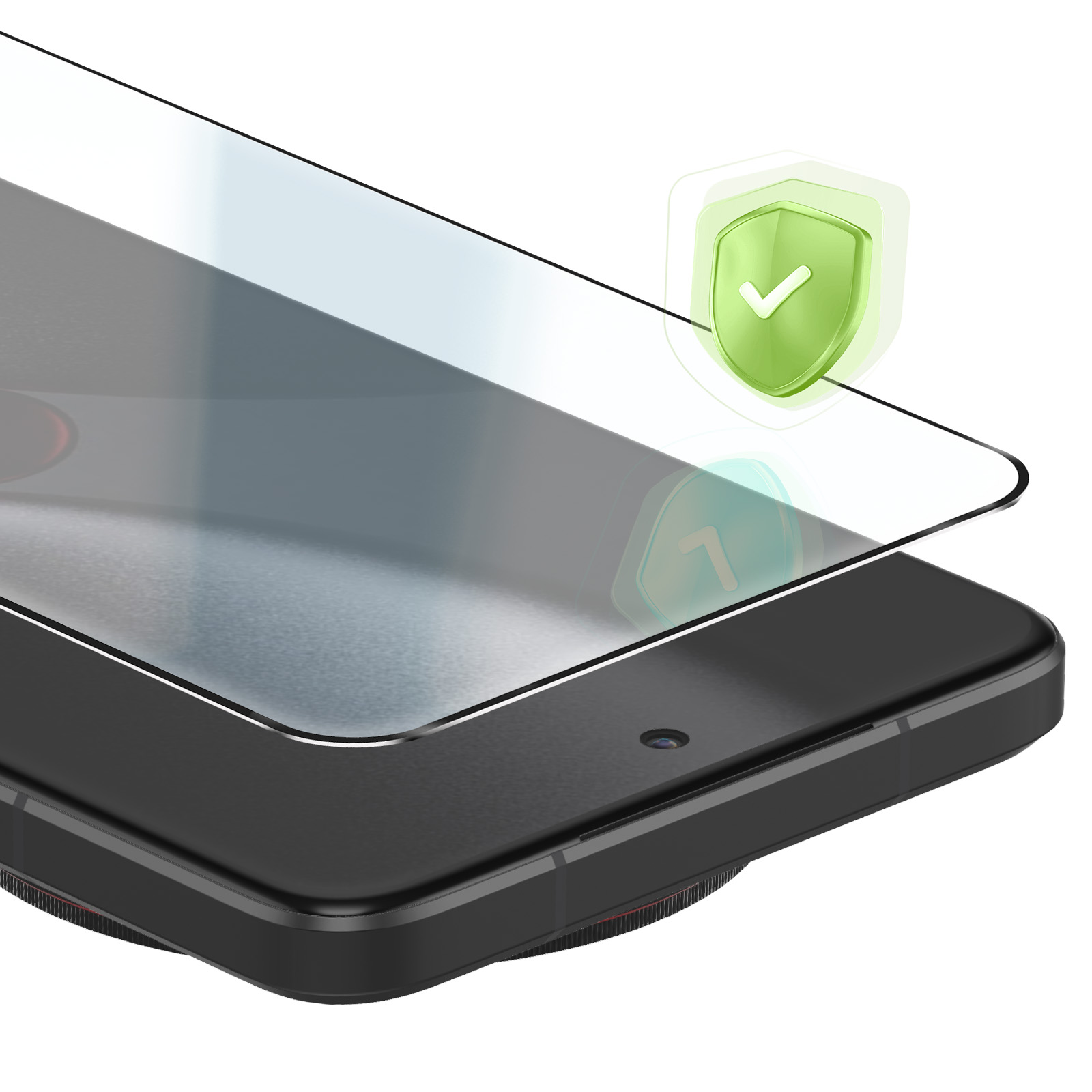 Un'immagine schematica di uno smartphone con pellicola protettiva e icona scudo verde.