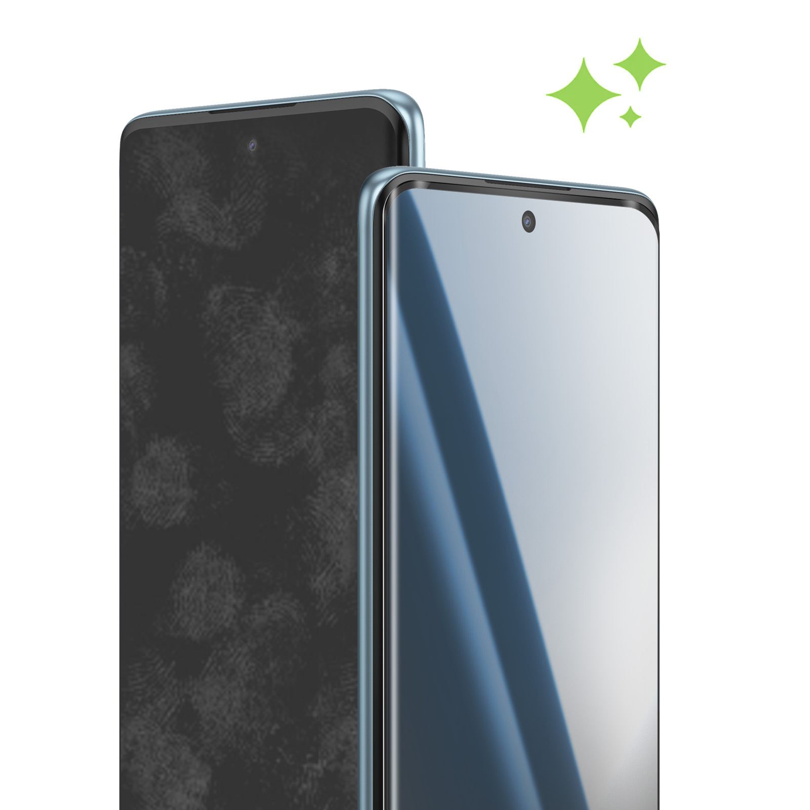Uno smartphone sporco e uno pulito fianco a fianco. Effetti scintillanti verdi.