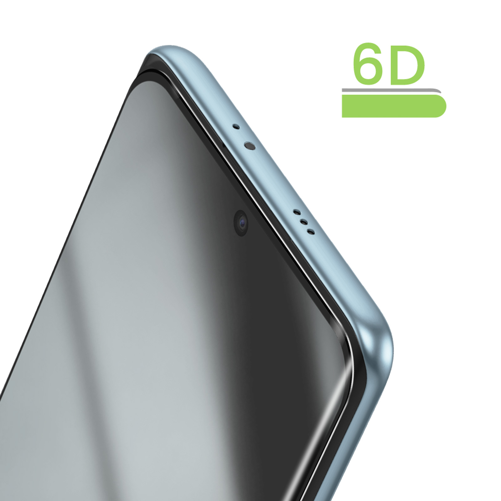 Primo piano di uno smartphone blu con schermo nero e fotocamera anteriore.