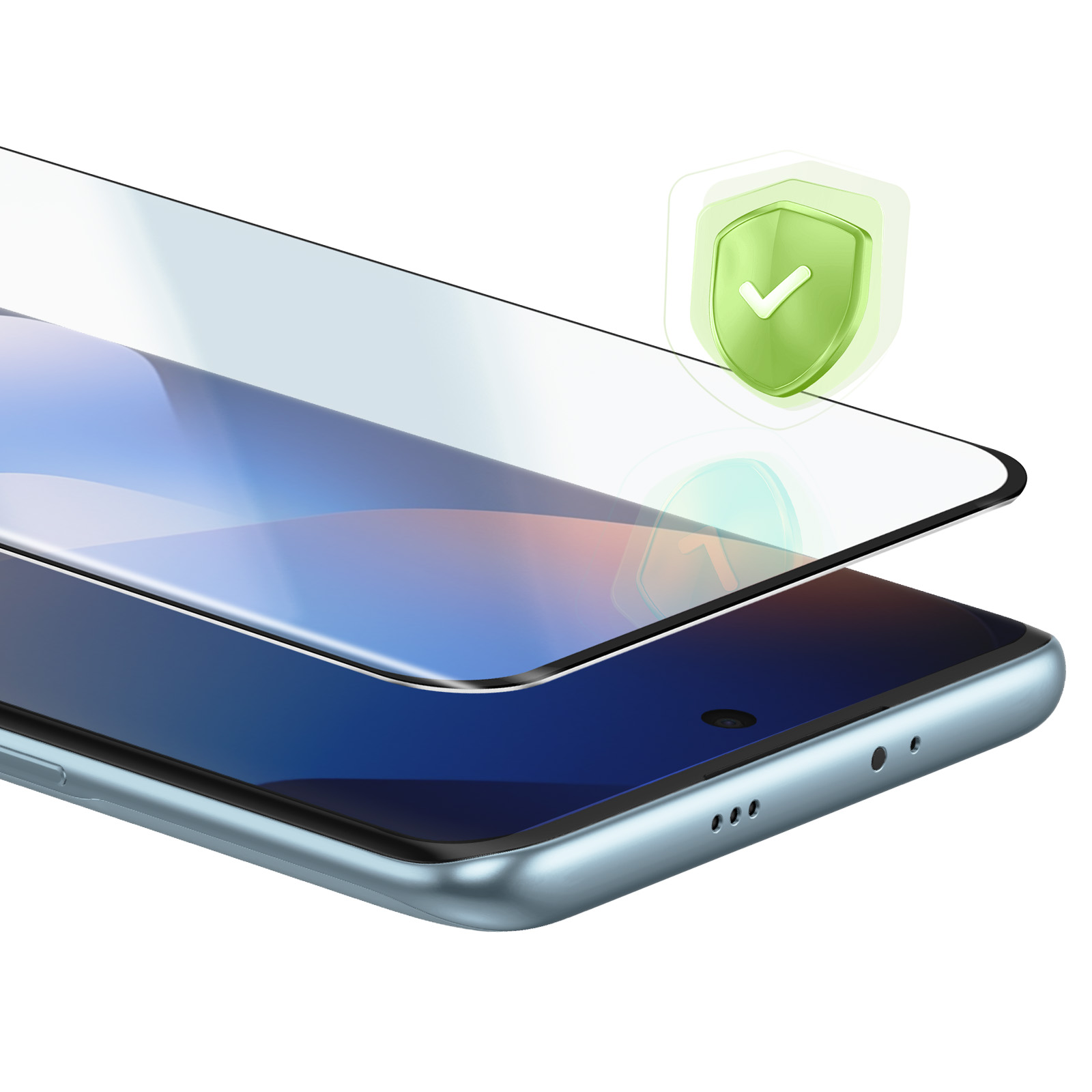 Una protezione per lo schermo su uno smartphone, con un'icona a scudo verde.