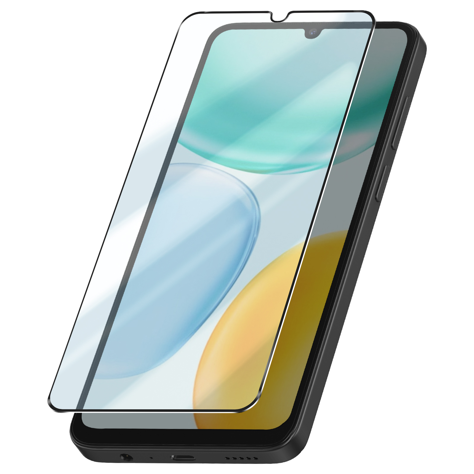 Een zwarte smartphone met een displaybeschermer erop, witte achtergrond.