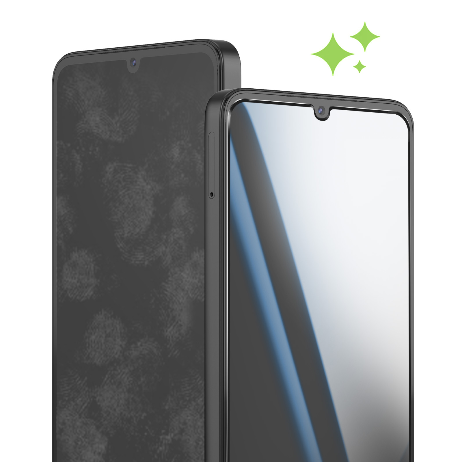 Twee smartphones naast elkaar, één met vingerafdrukken, de ander schoon.