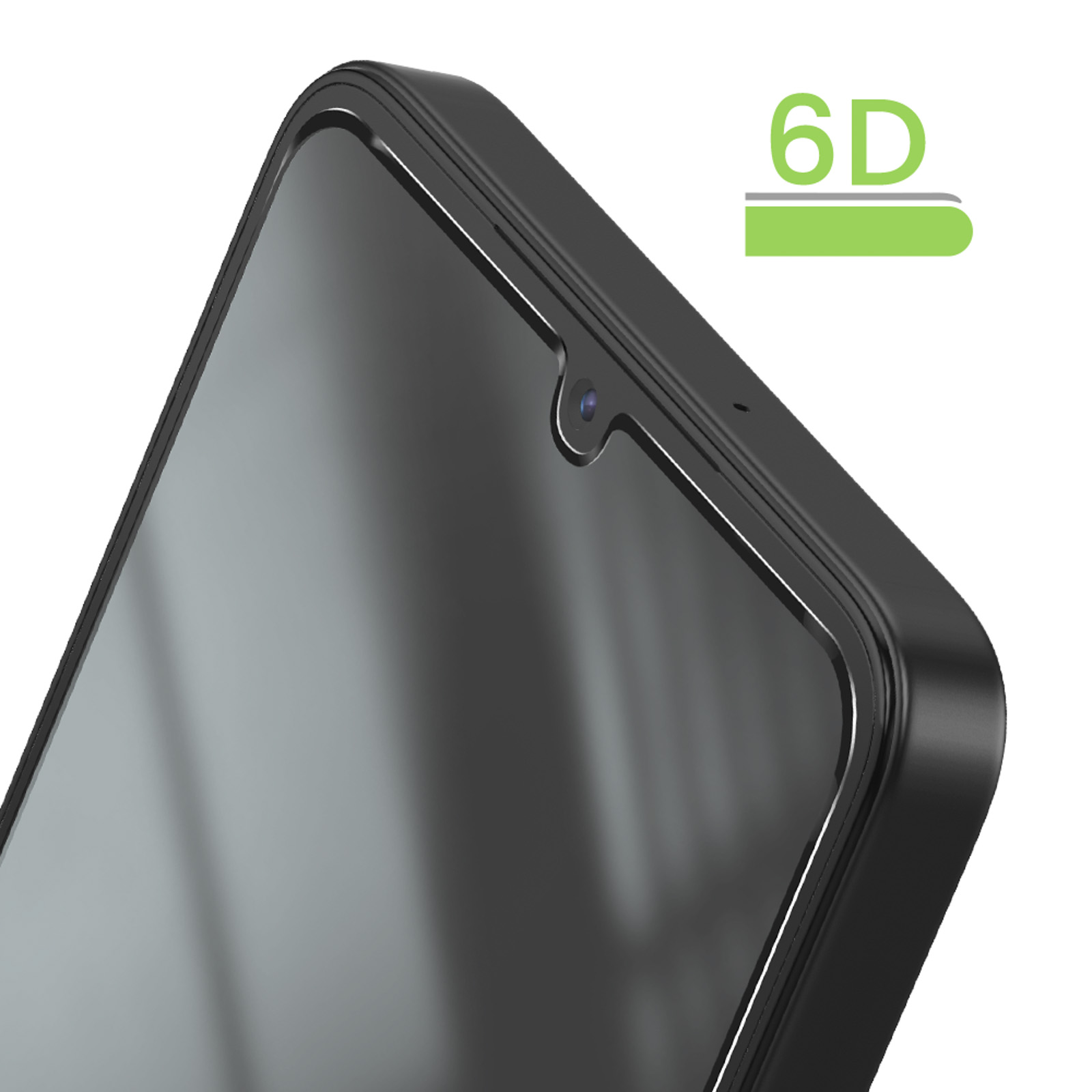 Close-up van een zwarte smartphone met 6D-schermprotector.