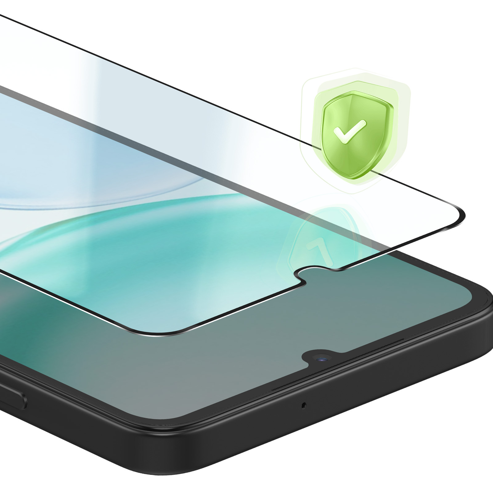 Een schermprotector voor een smartphone met een groen schild-icoon.