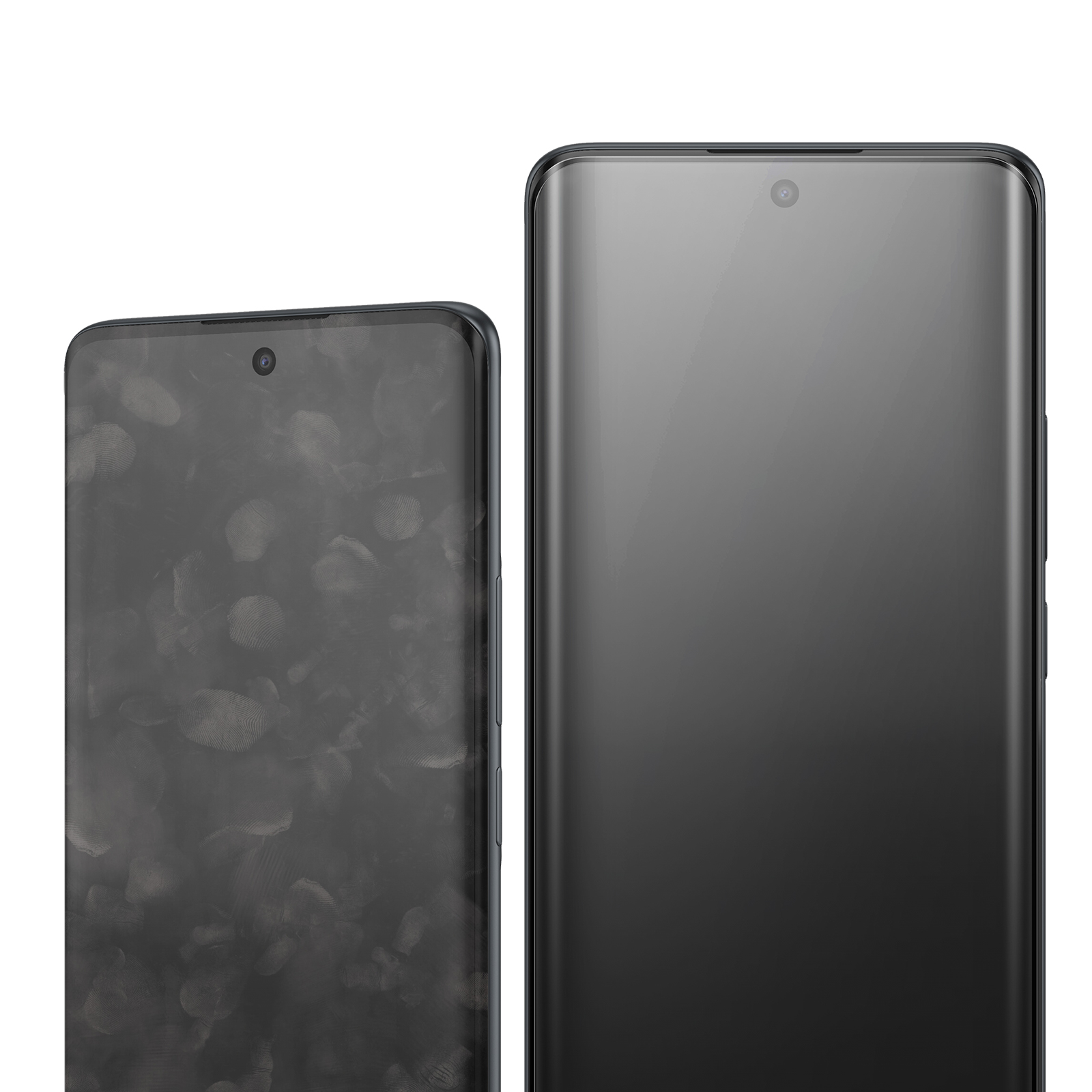 Deux smartphones sombres côte à côte, un avec des empreintes digitales.