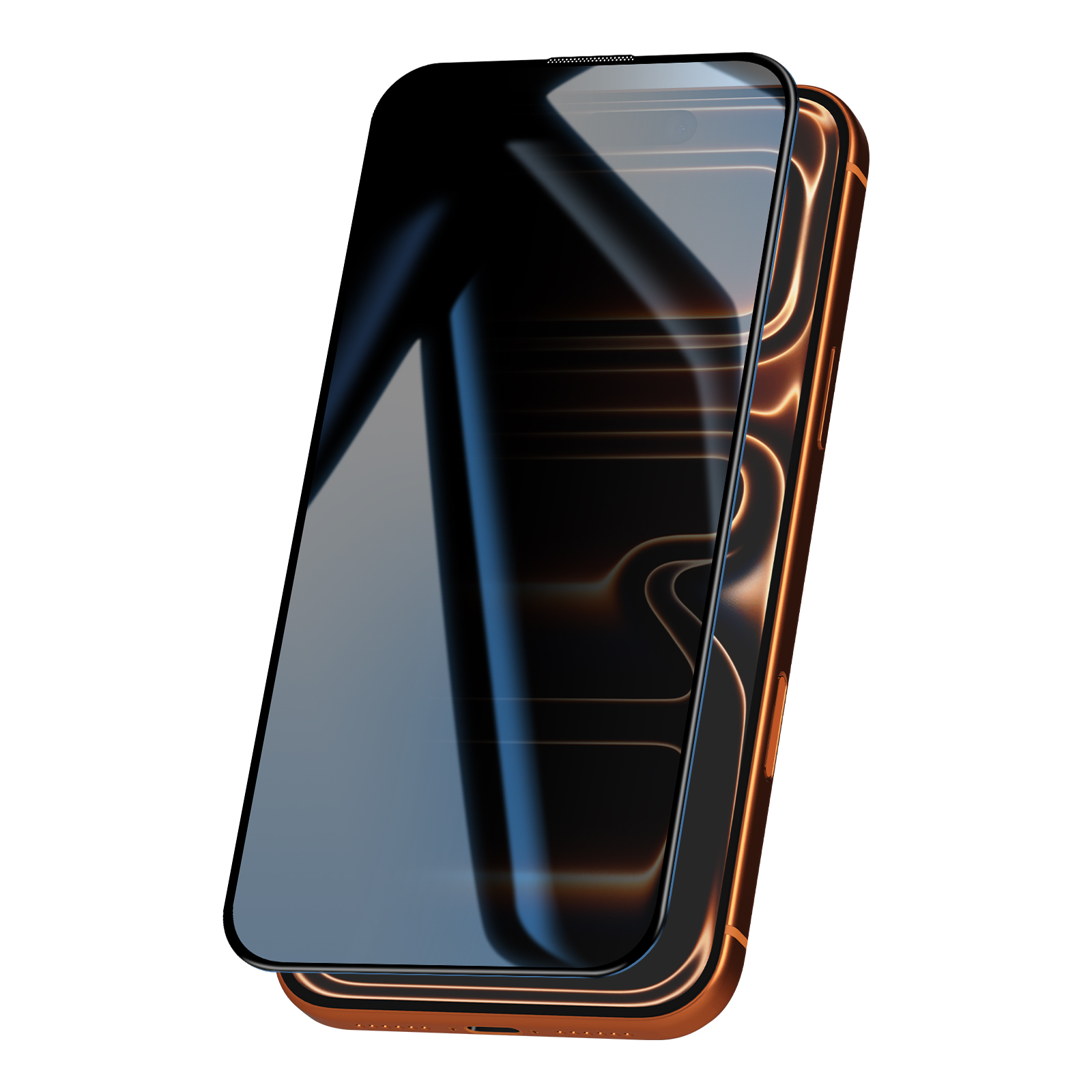 Uno smartphone elegante con schermo scuro e cornice color rame, su sfondo bianco.