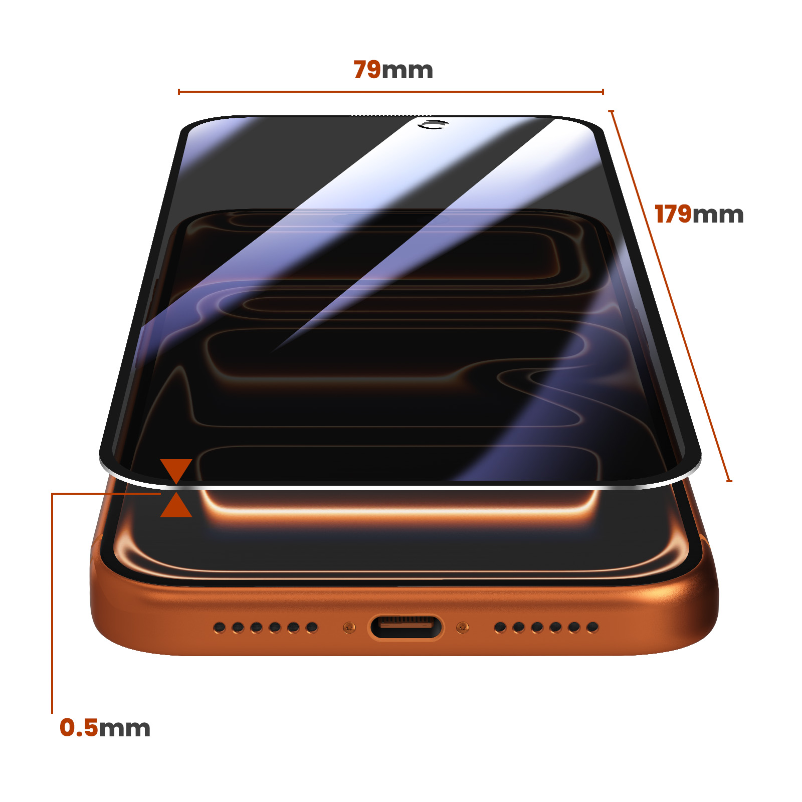 Uno smartphone arancione con pellicola protettiva. Dimensioni: 79mm larghezza, 179mm lunghezza, 0.5mm spessore.